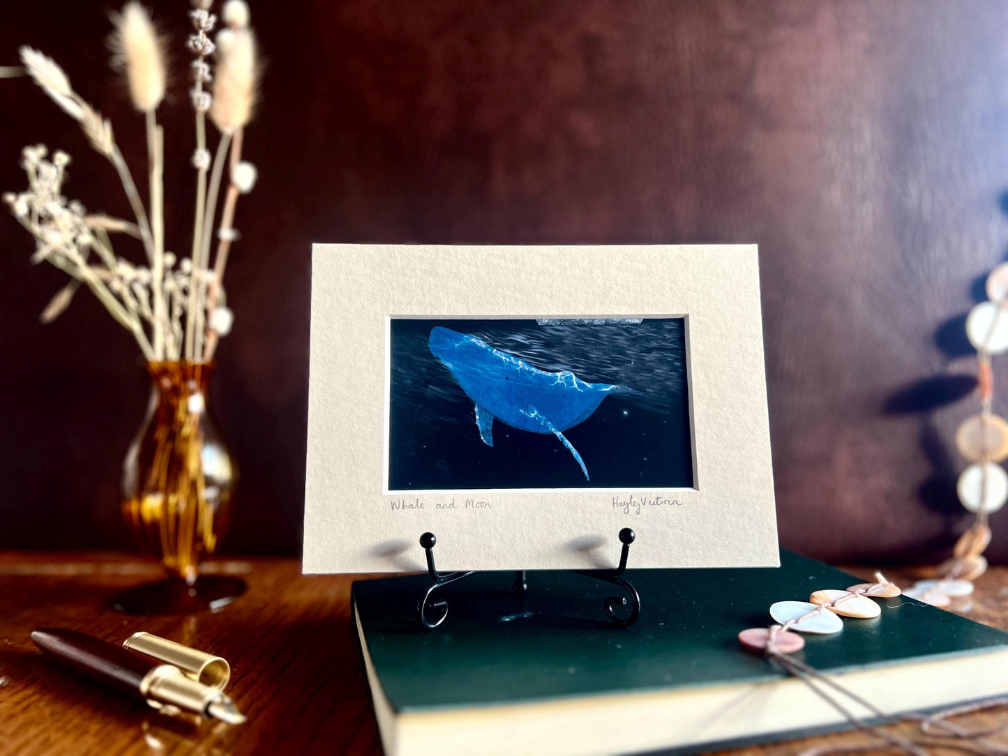 Celestial Whale and Moon Art Print – Small Illustrated Picture ina 5”x7” Mount