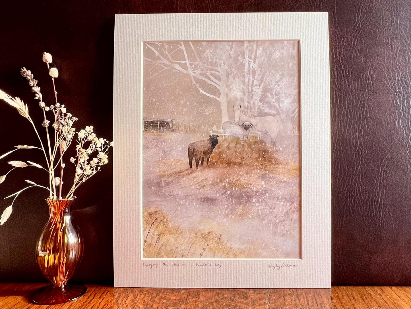 White Horse & Sheep Winter Print – Snowy Countryside Farm Scene – Rural Animal Illustration for Home or Gift