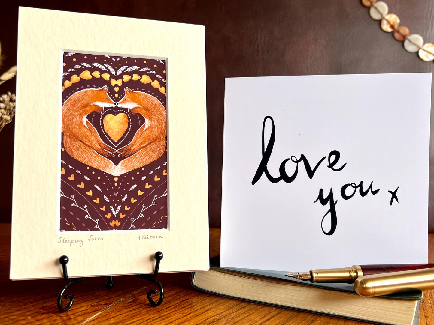 Sleeping Foxes Art Print & Minimalist ‘Love You’ Card – Modern Woodland Gift Set for Couples
