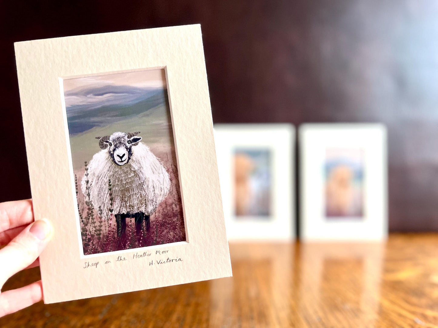 Highland Cow & Swaledale Sheep Art Print Set – Heather Moorland Triptych for Shelf Display
