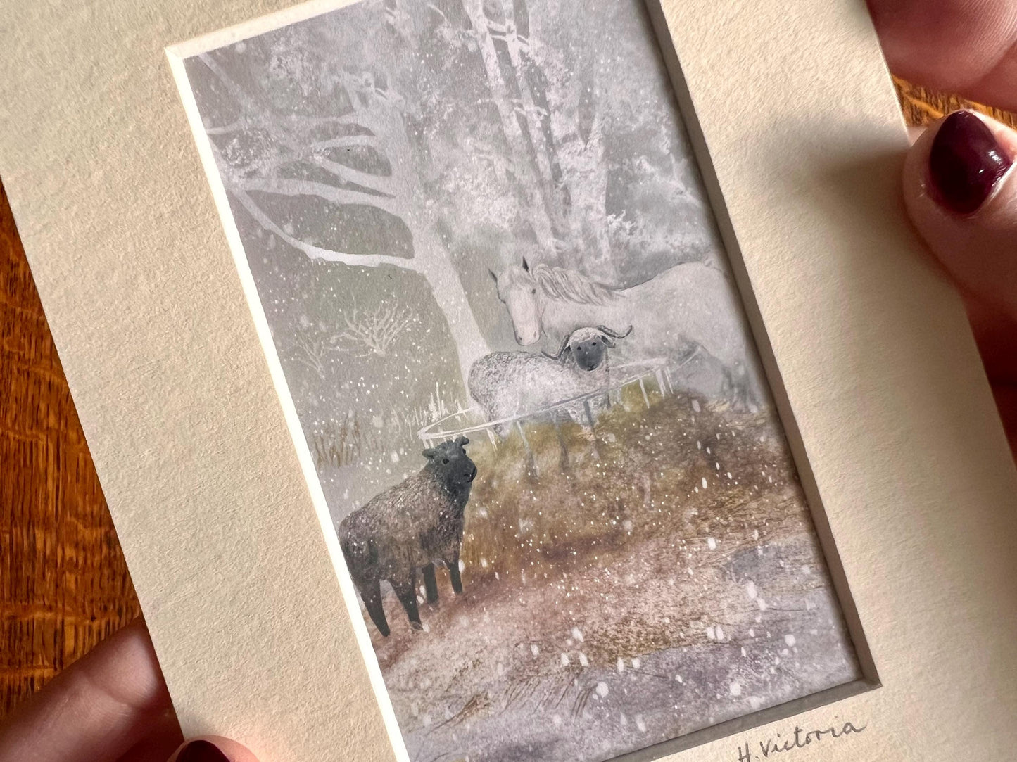 Small Art Print with Fun Sheep and a White Horse on a Snowy Day – A Charming Small Art Print