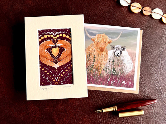 Sleeping Foxes Art Print & ‘Ewe & Me’ Highland Cow & Sheep Card – Playful Woodland and Farm Animal Gift Set
