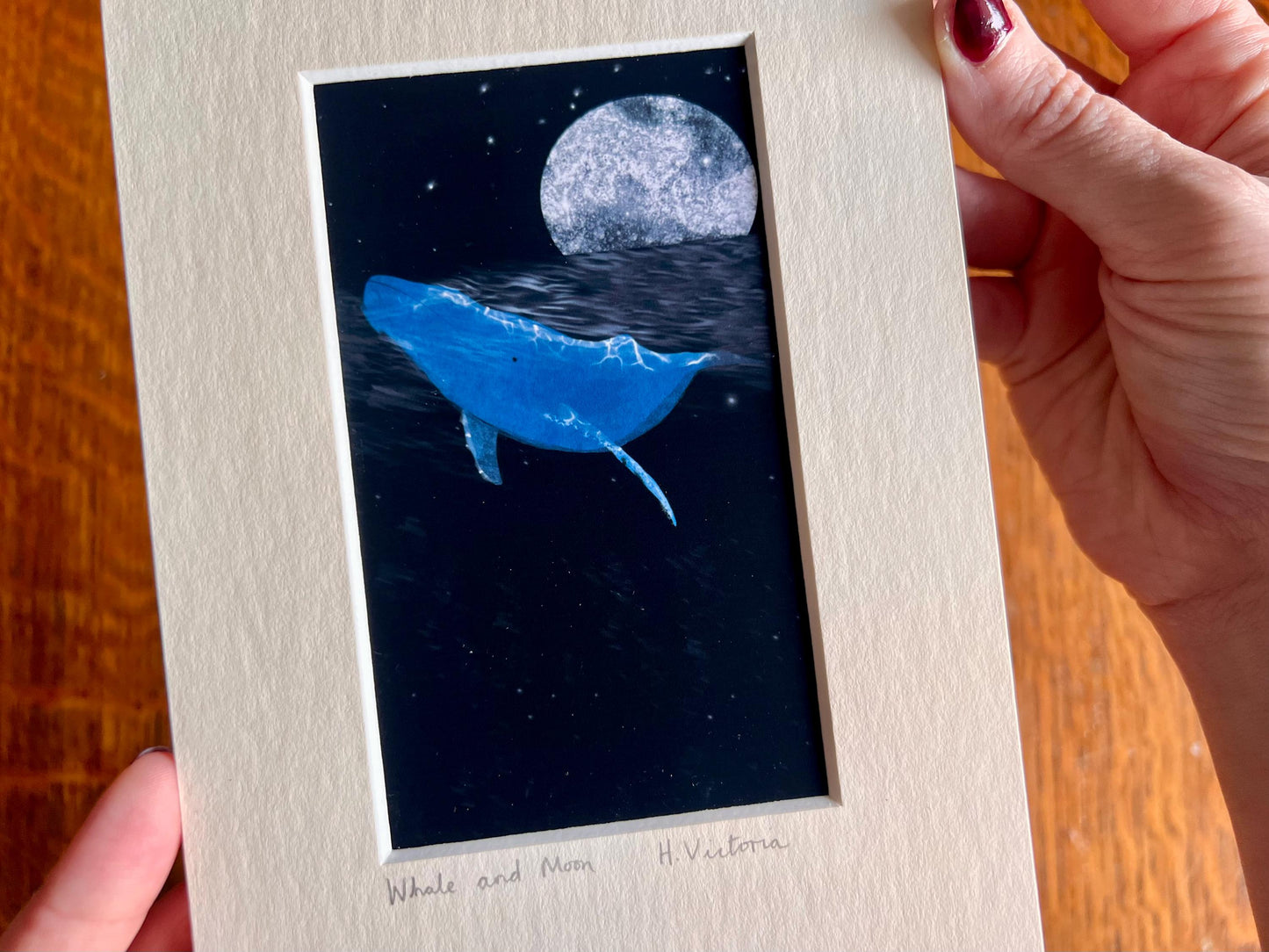 Celestial Whale and Moon Art Print – Small Illustrated Picture ina 5”x7” Mount