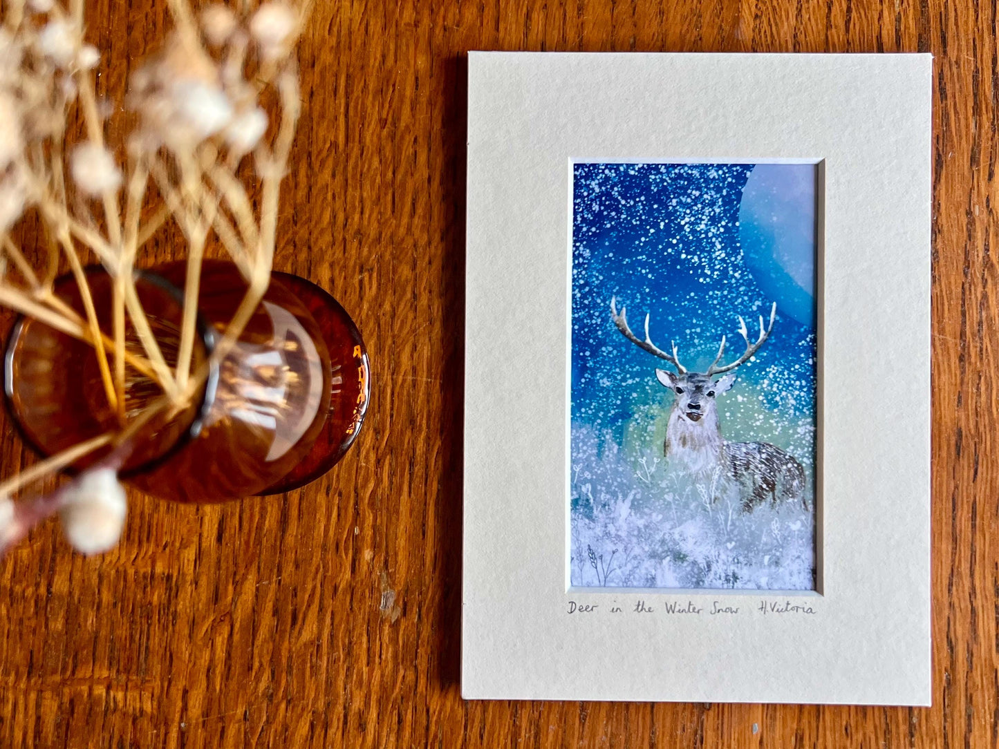 Stag in the Snow Celestial Art Print in a 5”x7” Mount - Rustic Country Interior Home Accent