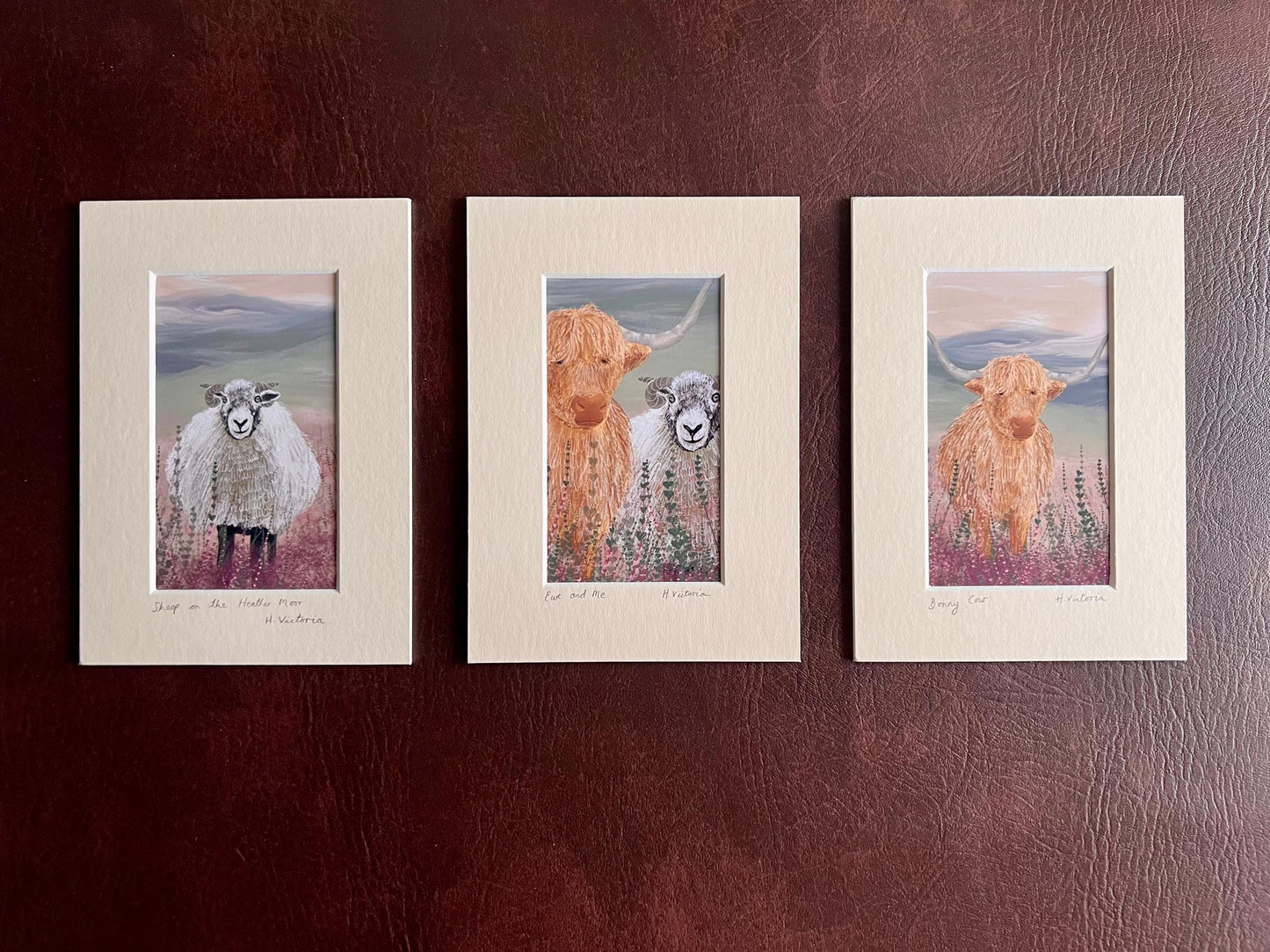 Highland Cow & Swaledale Sheep Art Print Set – Heather Moorland Triptych for Shelf Display