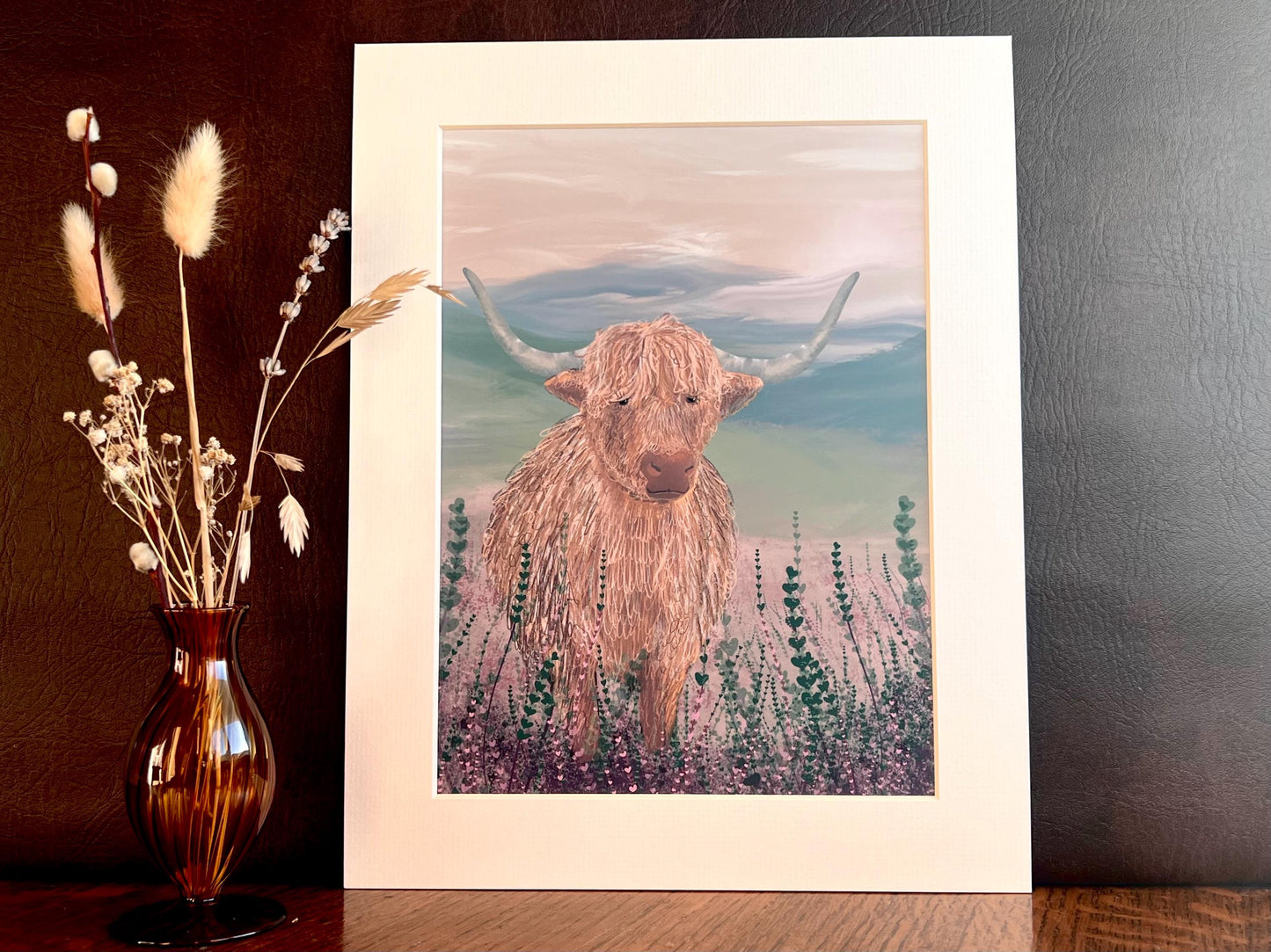 Highland Cow Art Print – Scottish Landscape with Purple Heather – Rustic Animal Wall Art for Cottage Interiors