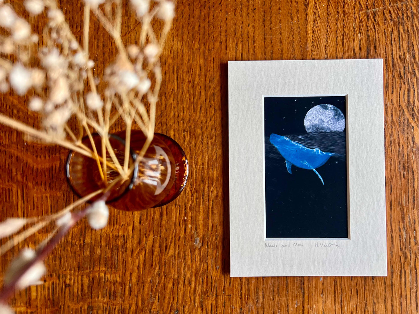 Celestial Whale and Moon Art Print – Small Illustrated Picture ina 5”x7” Mount