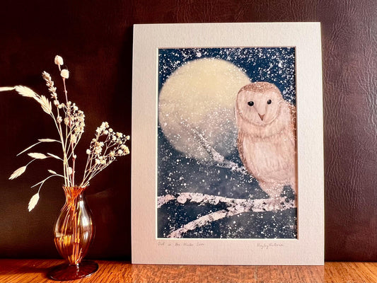 Barn Owl in Snow Art Print – Winter Woodland Scene with Moon – Celestial Animal Illustration for Magical or Rustic Decor