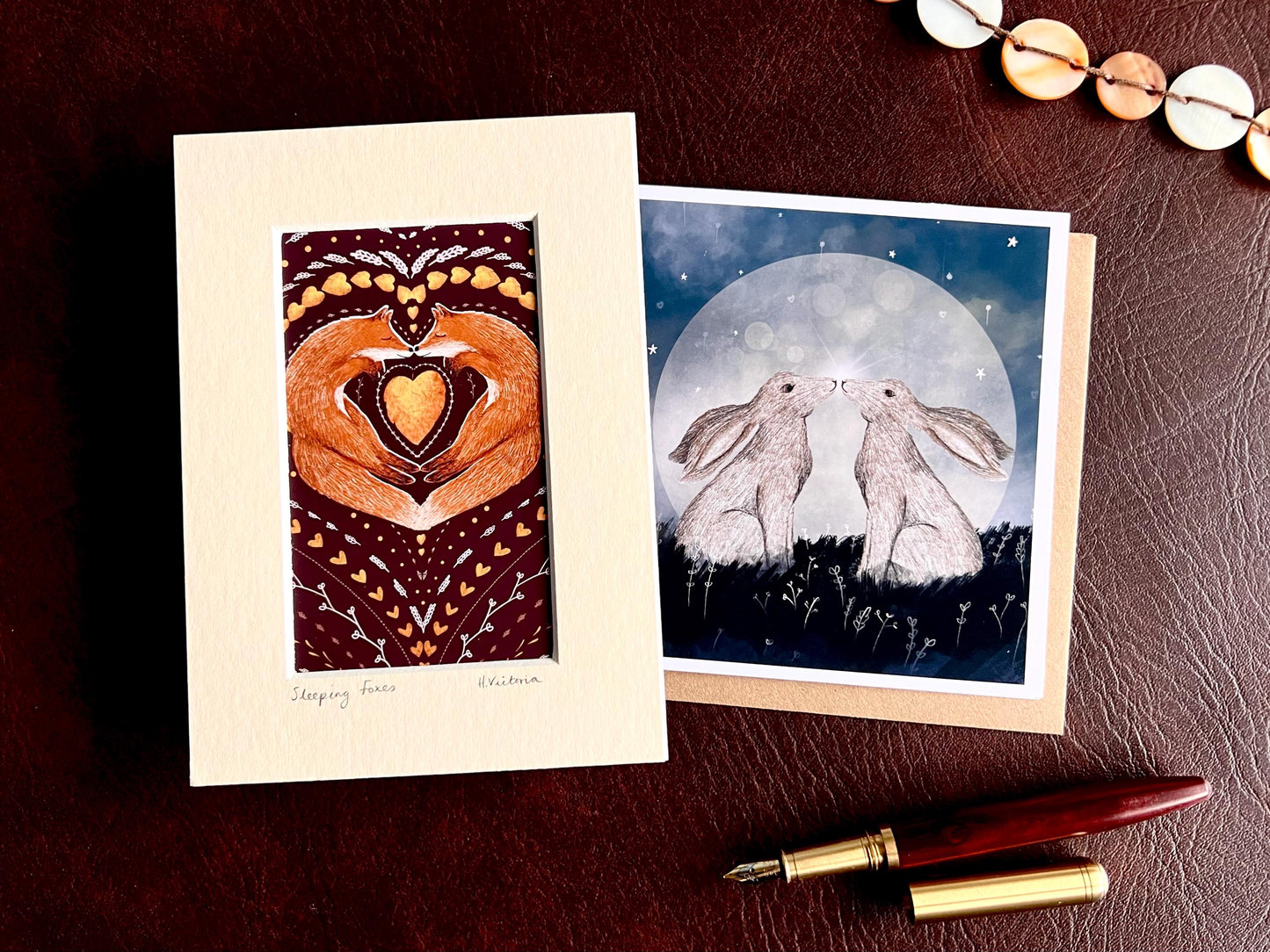 Sleeping Foxes Art Print & Moon Hares Greeting Card – Woodland Animal Gift Set with Heartwarming Illustrations