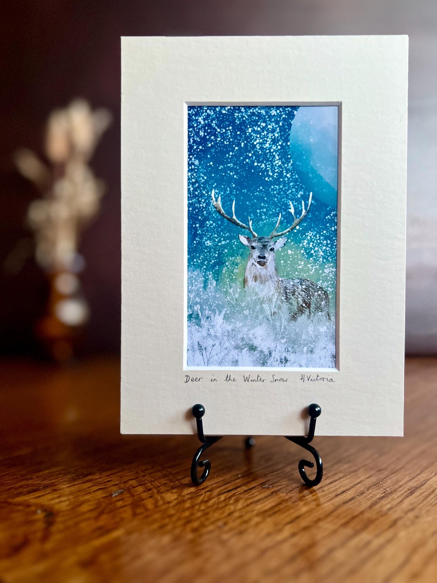 Stag in the Snow Celestial Art Print in a 5”x7” Mount - Rustic Country Interior Home Accent