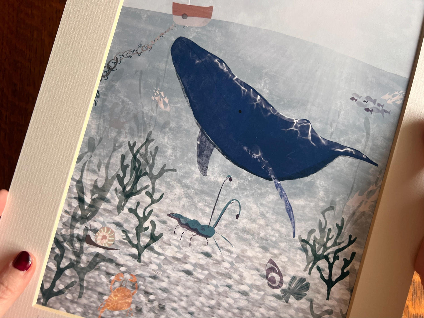 Under the Sea Art Print – Blue Whale, Lobster & Crab Illustration – Coastal Wall Art for Nautical or Beach Decor