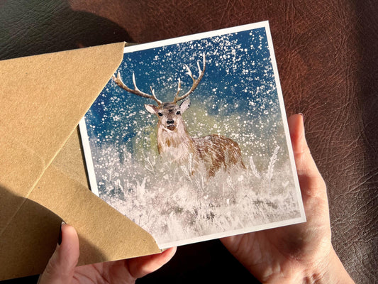 Stag in Winter Snow Card – Woodland Animal Art, Blank Inside for Any Occasion