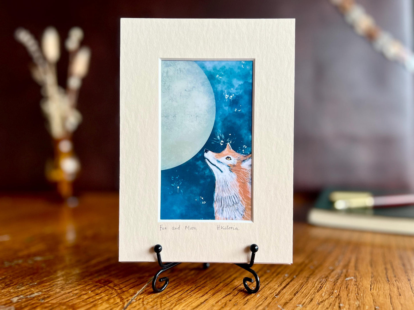 Fox and Moon Celestial Art Print – Home Accent in a 5”x7” Mount