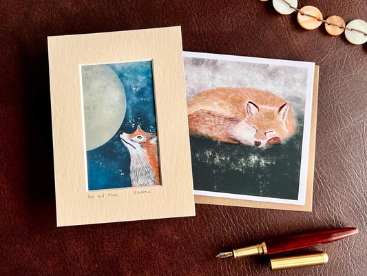 Moongazing Fox Art Print & Sleeping Fox Card – Ethereal Woodland Animal Gift Set with Night Sky Illustration