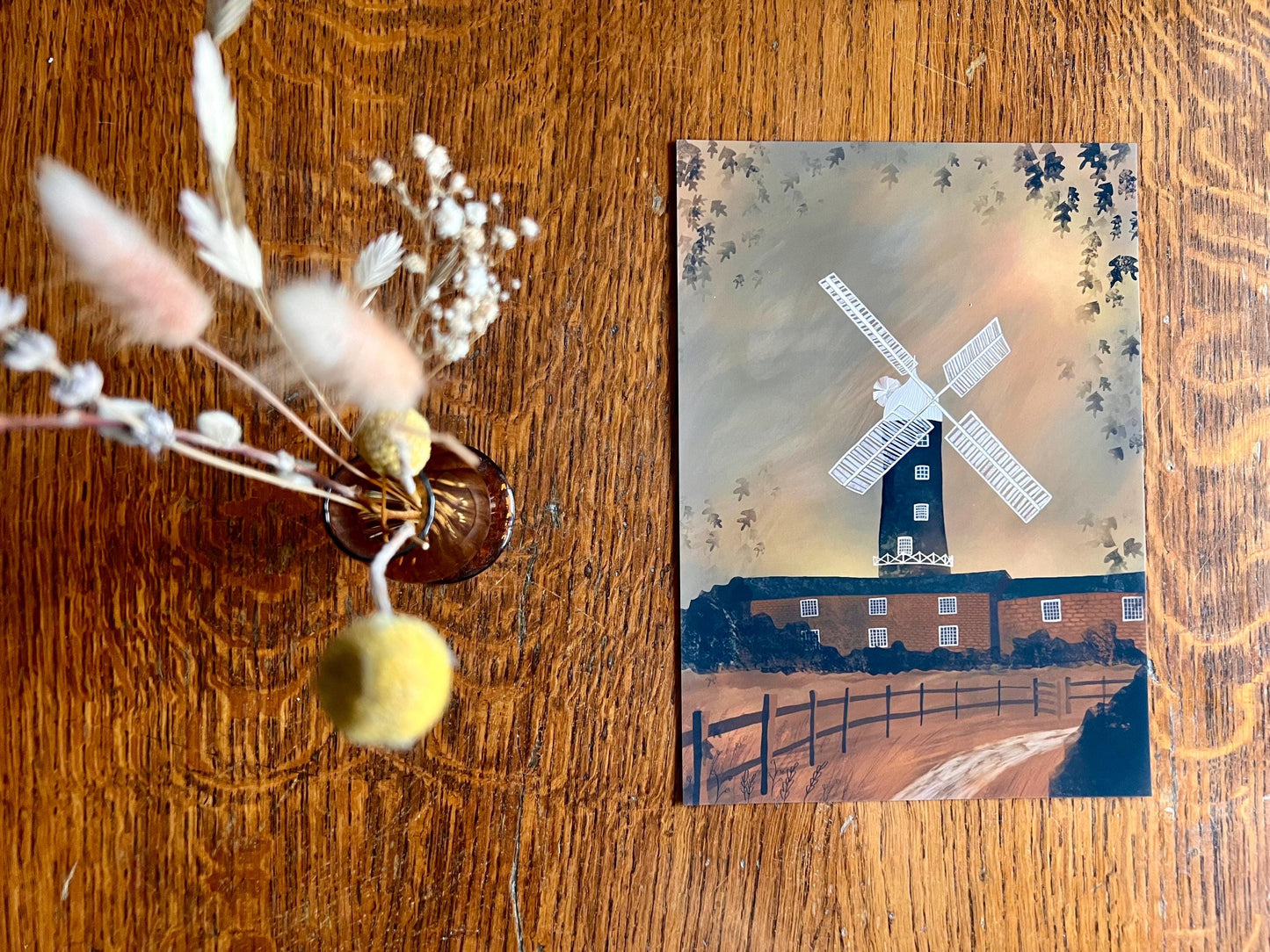 Skidby Windmill Autumn Art Print – East Yorkshire Landmark Illustration – Farmhouse Scene with Sunset and Falling Leaves