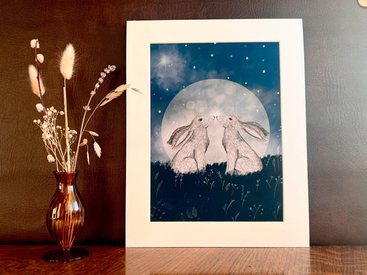 White Hares Moon Art Print – Symmetrical Celestial Animal Illustration – Mystical and Spiritual Night Sky Wall Art