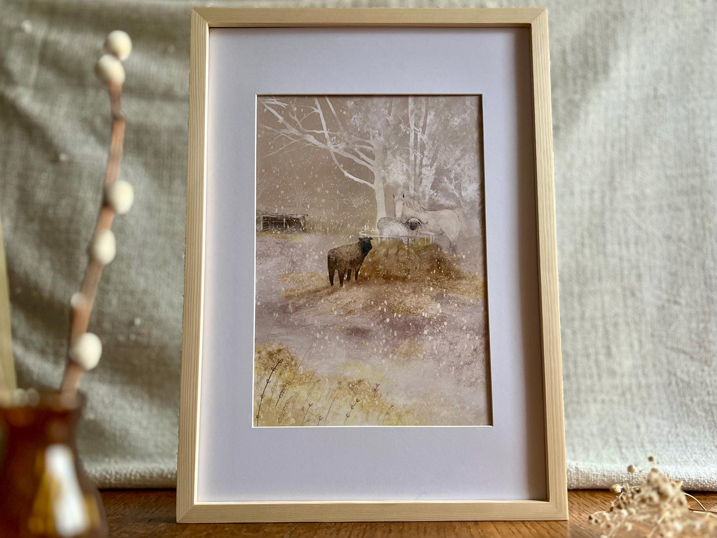 White Horse & Sheep Winter Print – Snowy Countryside Farm Scene – Rural Animal Illustration for Home or Gift