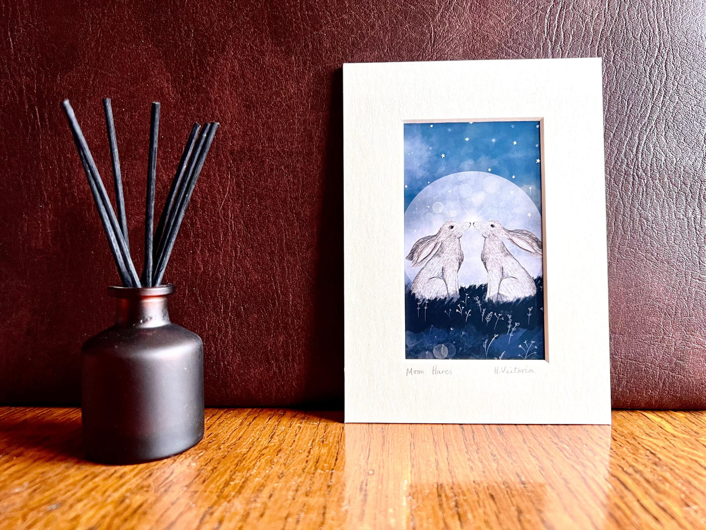 Moongazing Hares Art Print – Small Mystical Home Accent in 5”x7” Mount