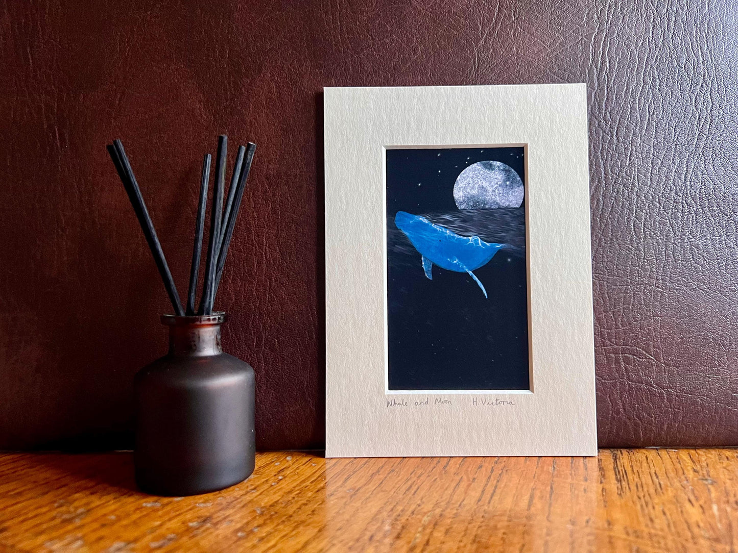 Celestial Whale and Moon Art Print – Small Illustrated Picture ina 5”x7” Mount