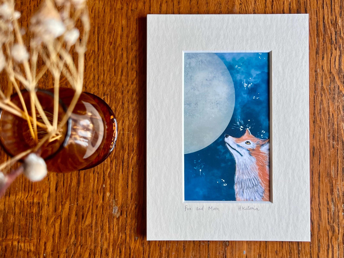 Fox and Moon Celestial Art Print – Home Accent in a 5”x7” Mount