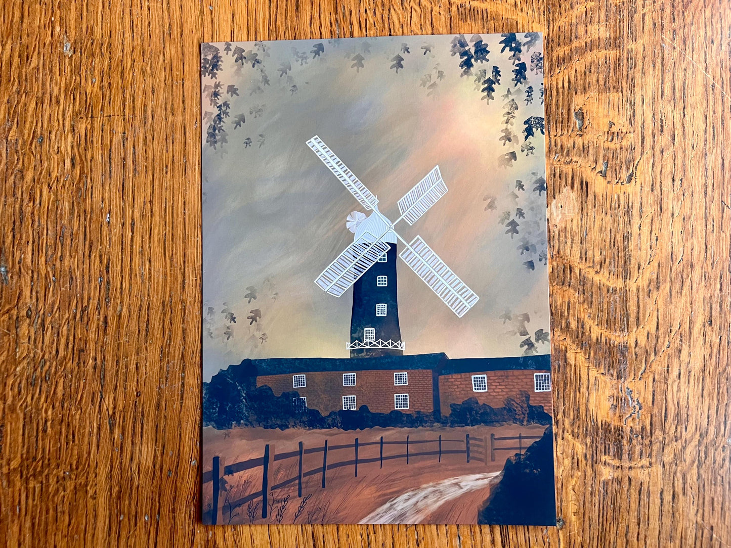 Skidby Windmill Autumn Art Print – East Yorkshire Landmark Illustration – Farmhouse Scene with Sunset and Falling Leaves