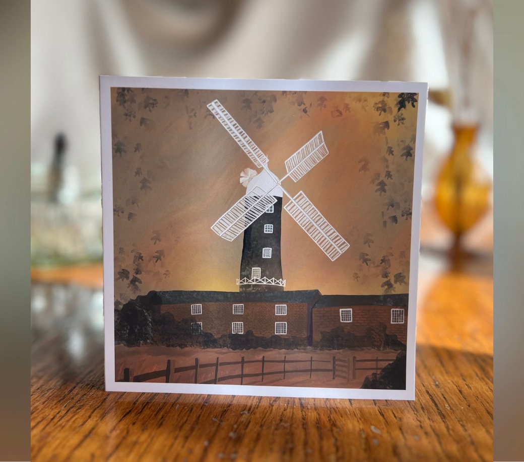 Skidby Windmill Blank Art Card for Any Occasion – Autumn Sunset Illustration with East Yorkshire Landmark