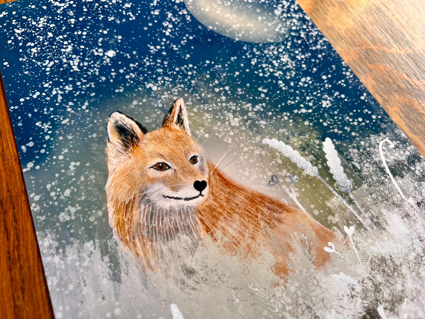 Fox and Moon Art Print – Snowy Night Woodland Illustration – Mystical Animal Artwork for Magical or Moody Interiors