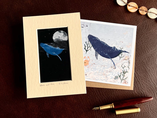 Blue Whale Art Print & Ocean Greeting Card – Sea Life Gift Set with Night and Day Coastal Illustrations