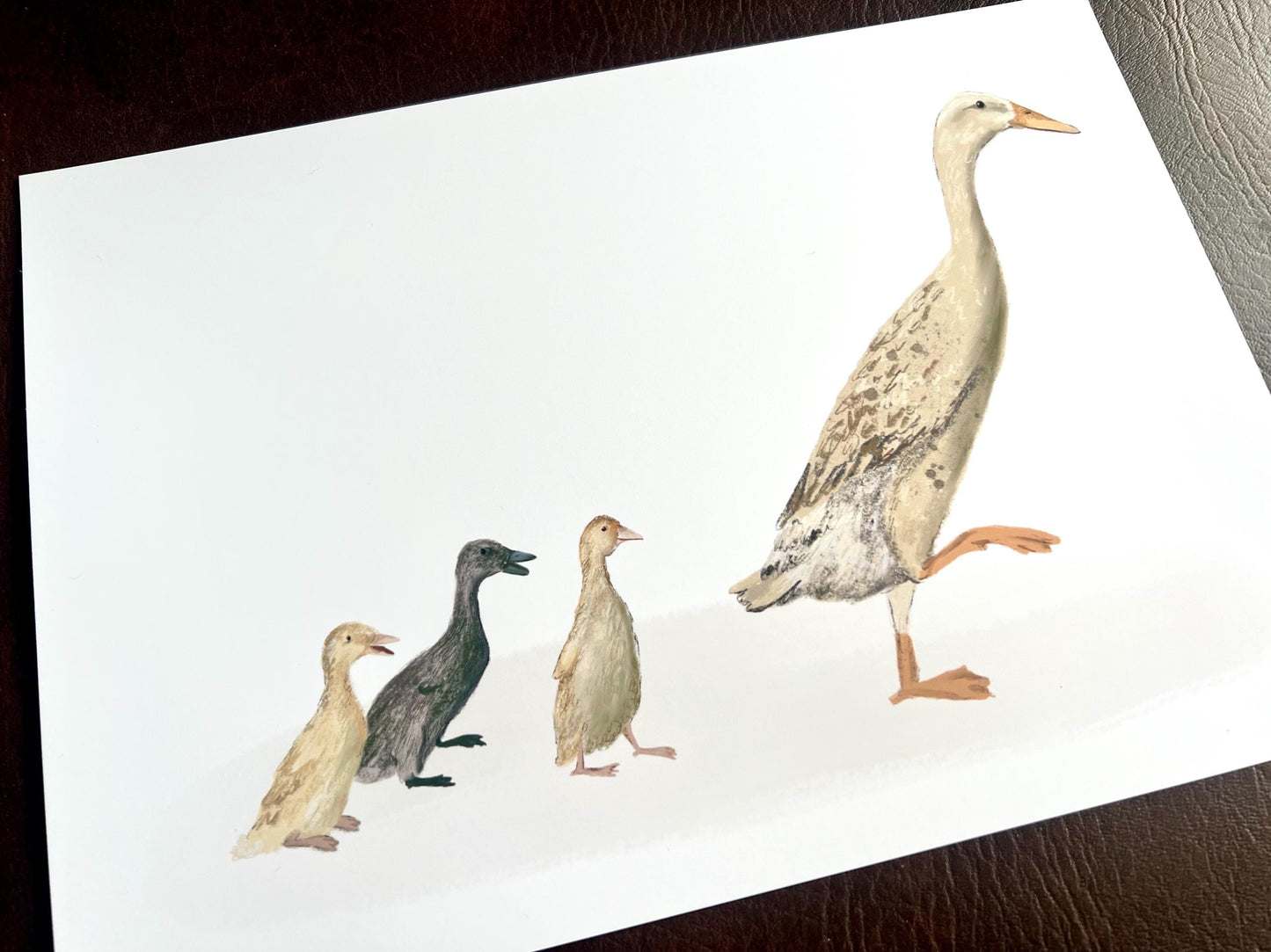Runner Ducks Art Print – White Duck and Ducklings Illustration – Rustic Animal Wall Art for Cottage or Kitchen Decor