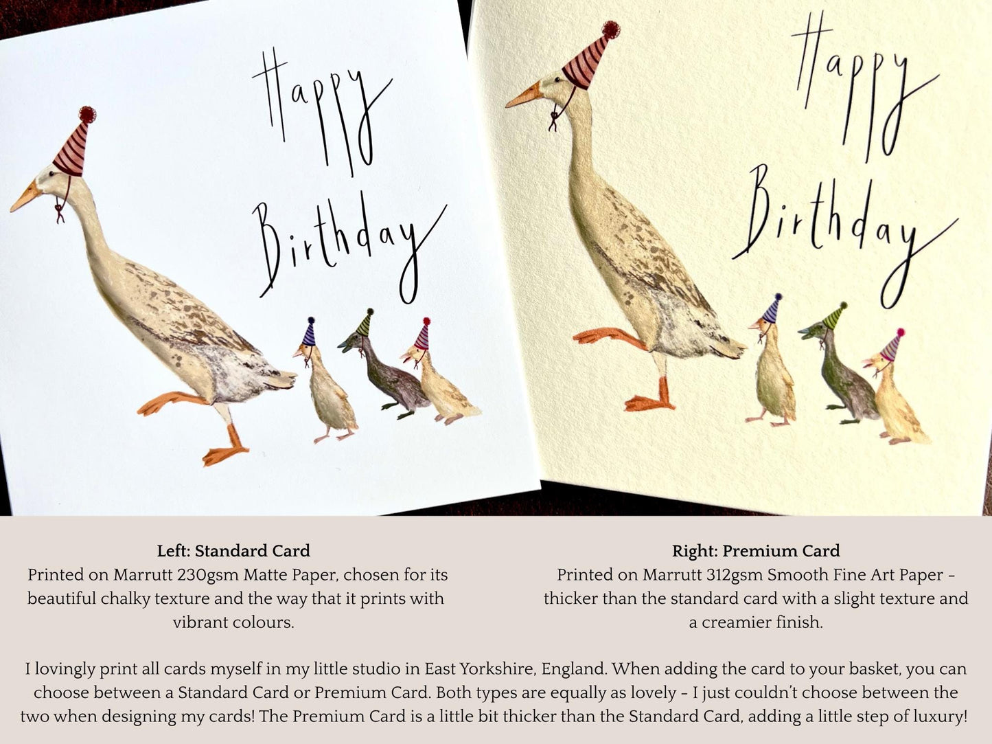 Runner Duck Birthday Card – Cute Ducklings in Party Hats – Fun Animal Greeting Card with “Happy Birthday” Text