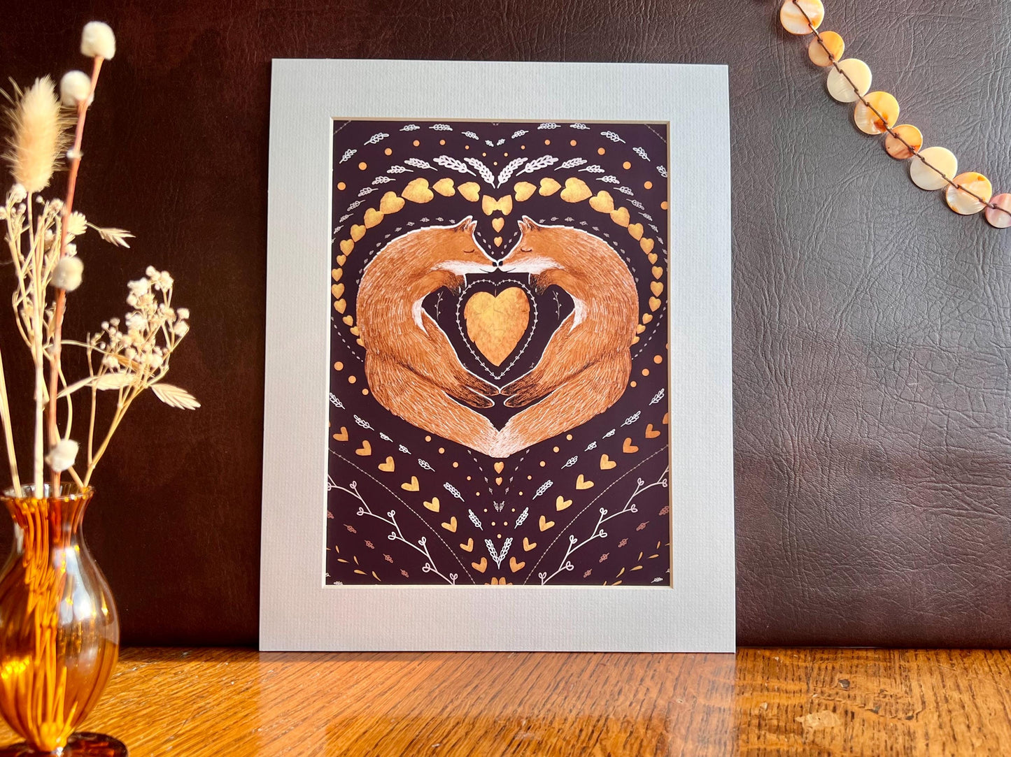 Sleeping Foxes Art Print – Nordic Folk Heart Design on Burgundy Background – Scandi-Inspired Animal Illustration for Gift or Decor