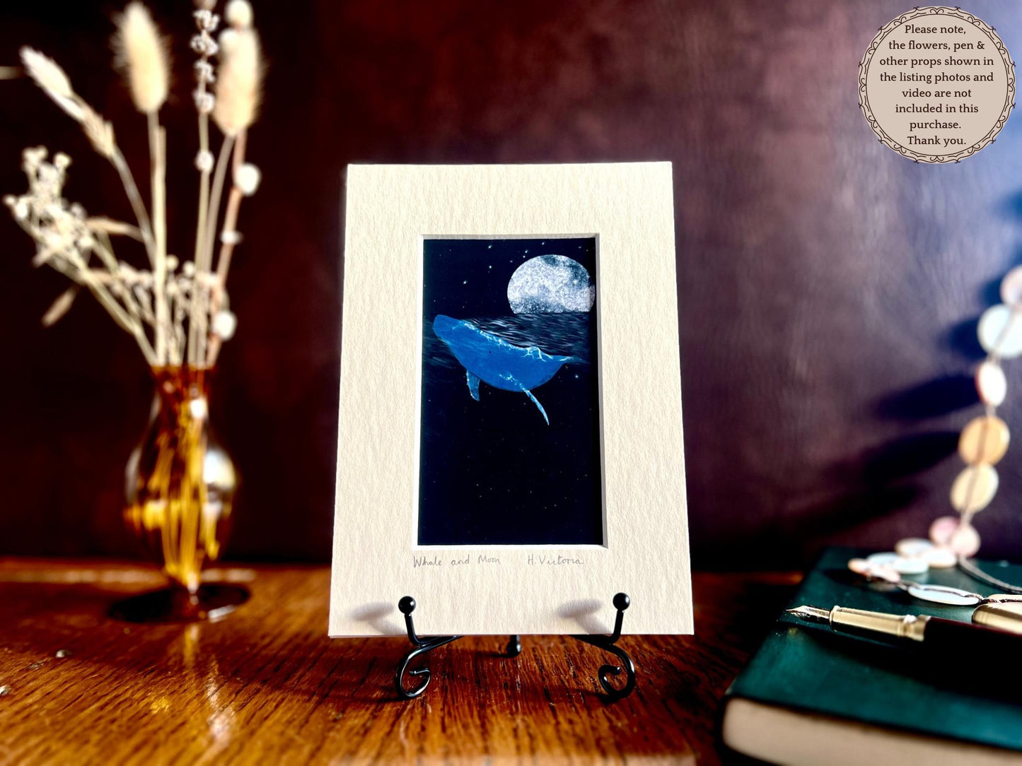 Celestial Whale and Moon Art Print – Small Illustrated Picture ina 5”x7” Mount