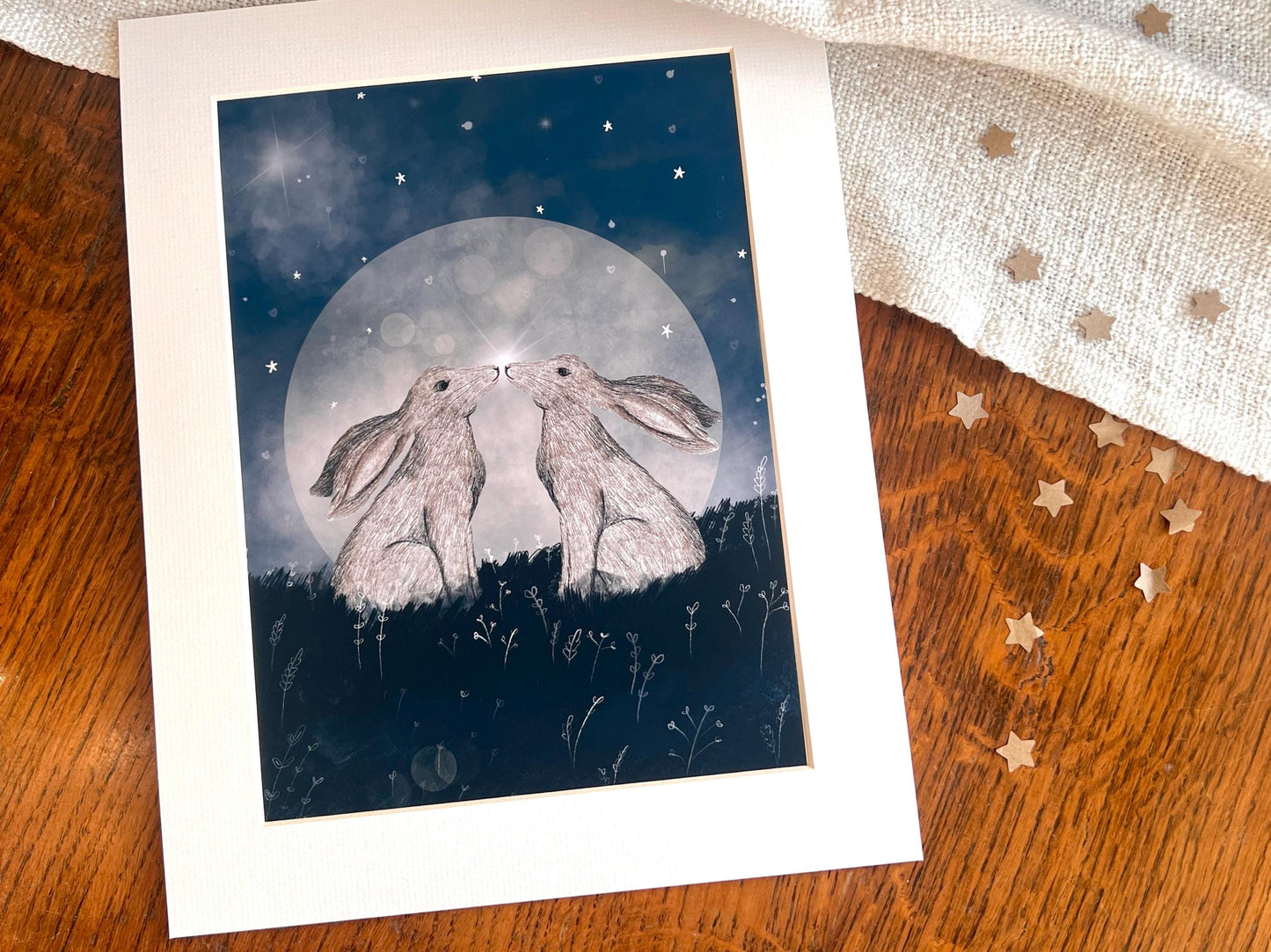 White Hares Moon Art Print – Symmetrical Celestial Animal Illustration – Mystical and Spiritual Night Sky Wall Art