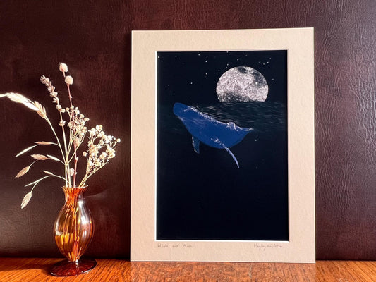Whale and Moon Art Print – Celestial Ocean Illustration with Black Sky – Atmospheric Wall Art for Natural or Spiritual Decor