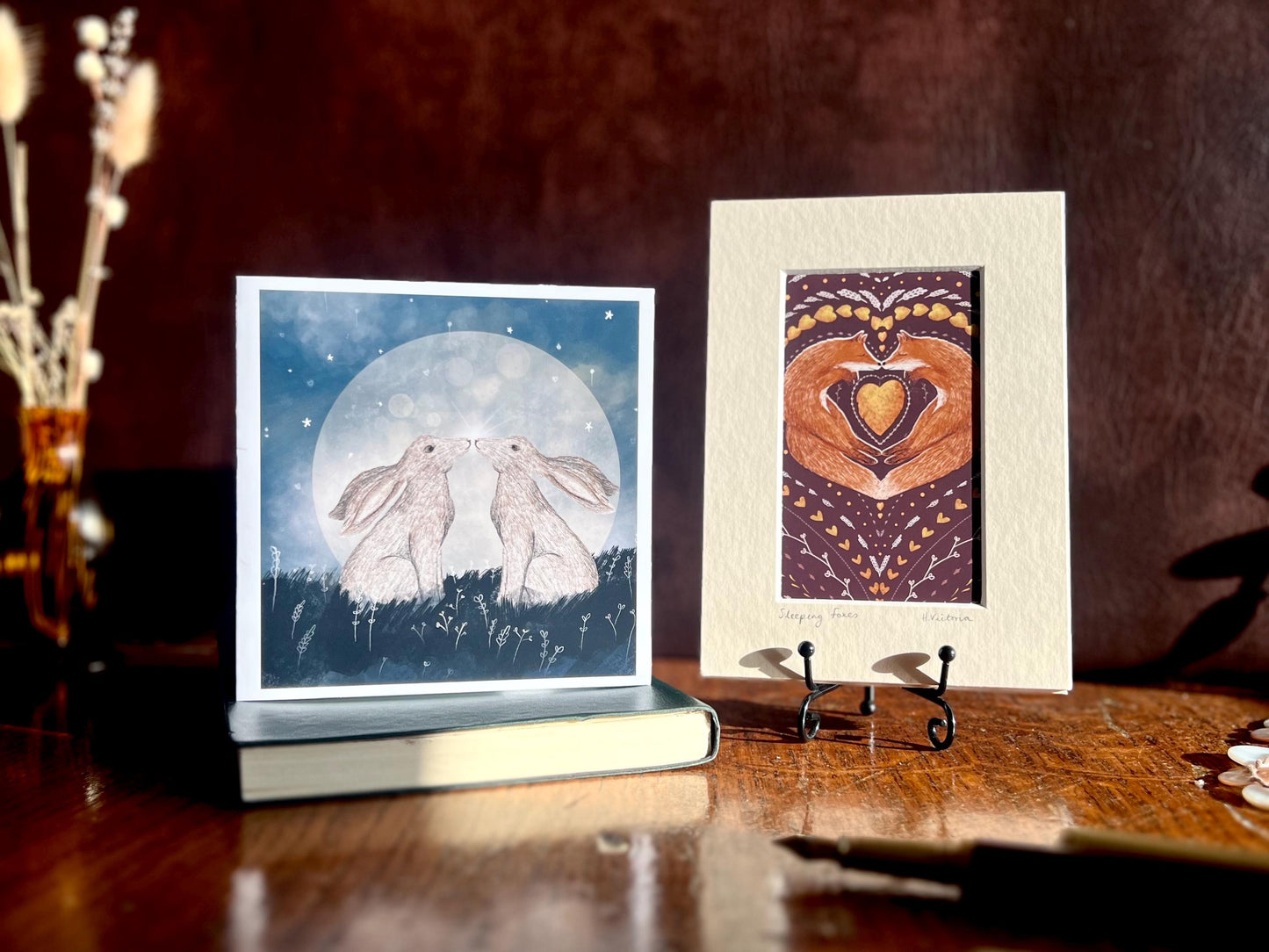 Sleeping Foxes Art Print & Moon Hares Greeting Card – Woodland Animal Gift Set with Heartwarming Illustrations