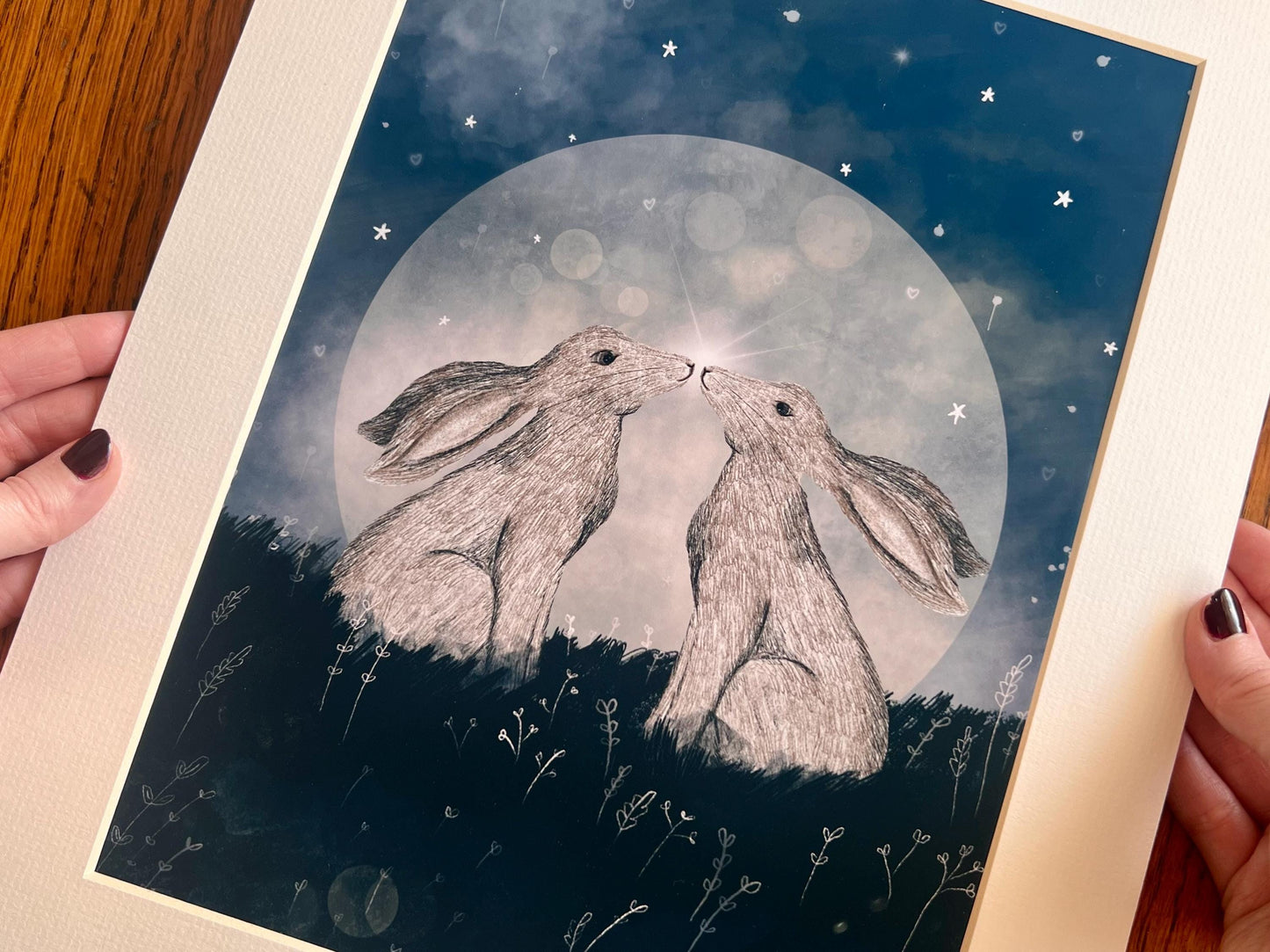 White Hares Moon Art Print – Symmetrical Celestial Animal Illustration – Mystical and Spiritual Night Sky Wall Art