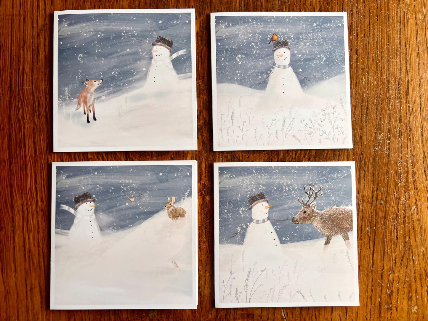 Snowman and His Winter Friends – Set of 4 Illustrated Christmas Cards with Woodland Animals