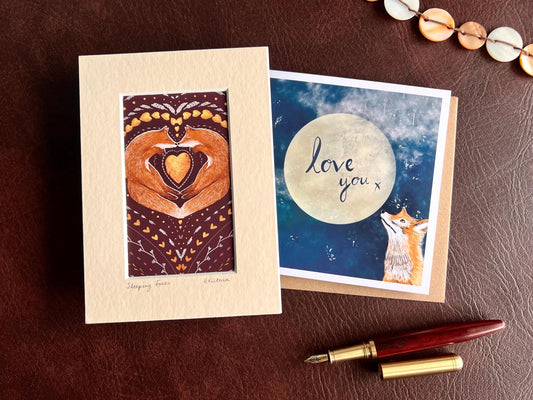 Sleeping Foxes Art Print & Moongazing Fox Card – Romantic Woodland Gift Set with ‘Love You’ Moon Illustration