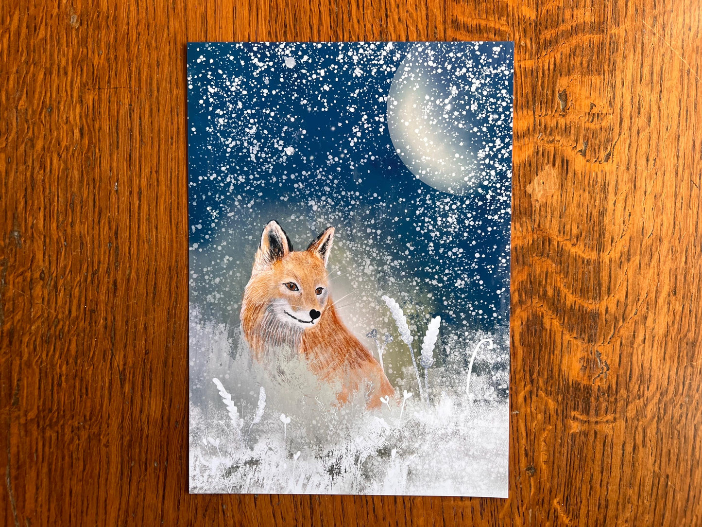 Fox and Moon Art Print – Snowy Night Woodland Illustration – Mystical Animal Artwork for Magical or Moody Interiors