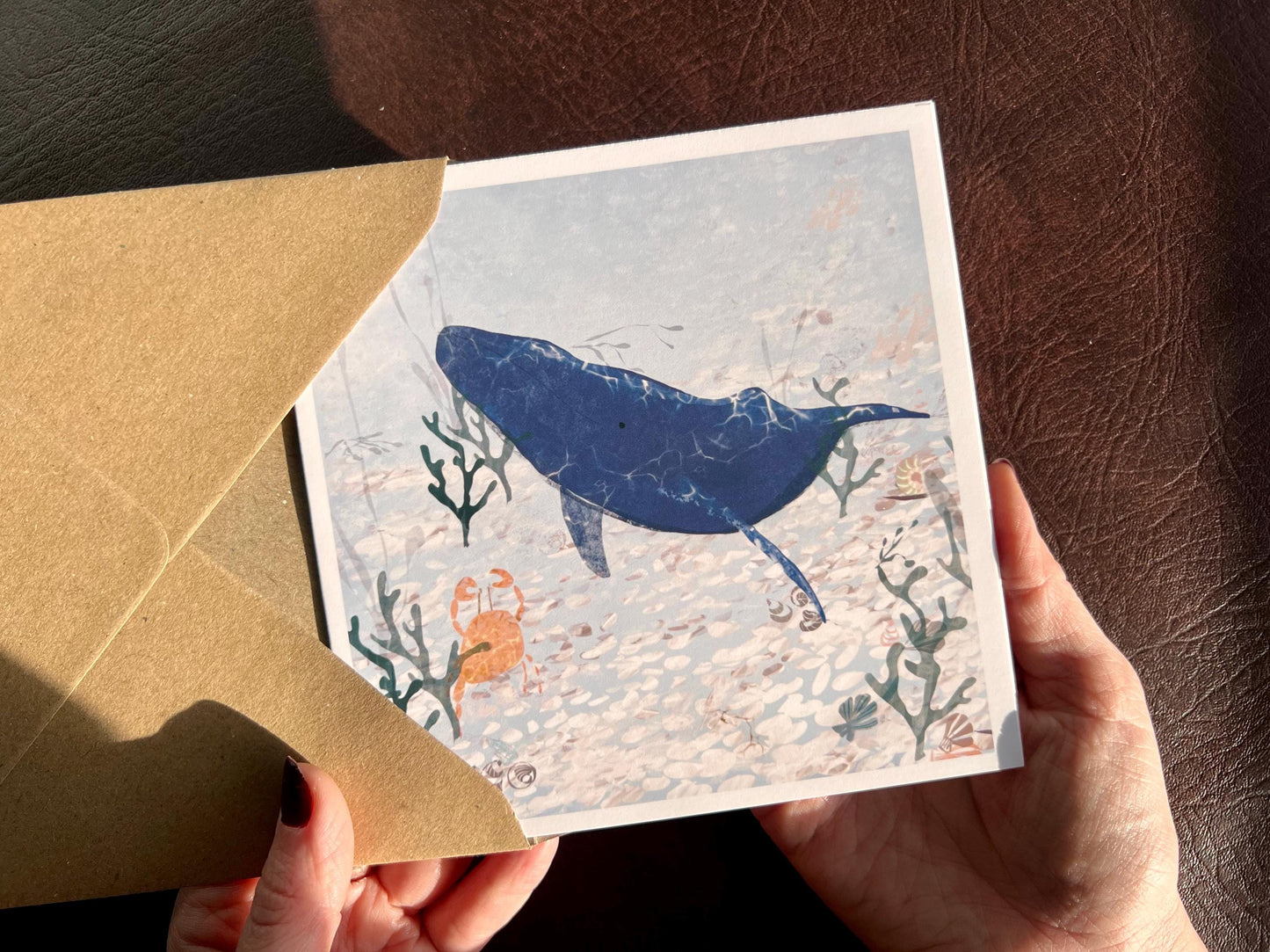 Whale and Crab Greeting Card – Blank Card on Calm Blue Sea Background