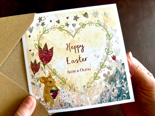Personalised Happy Easter Card – Mouse & Floral Heart Illustration on Lemon Yellow Background