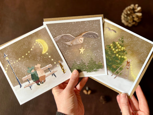 Woodland Winter Card Set – Pack of 3 Illustrated Christmas Cards – Magical Nighttime Designs