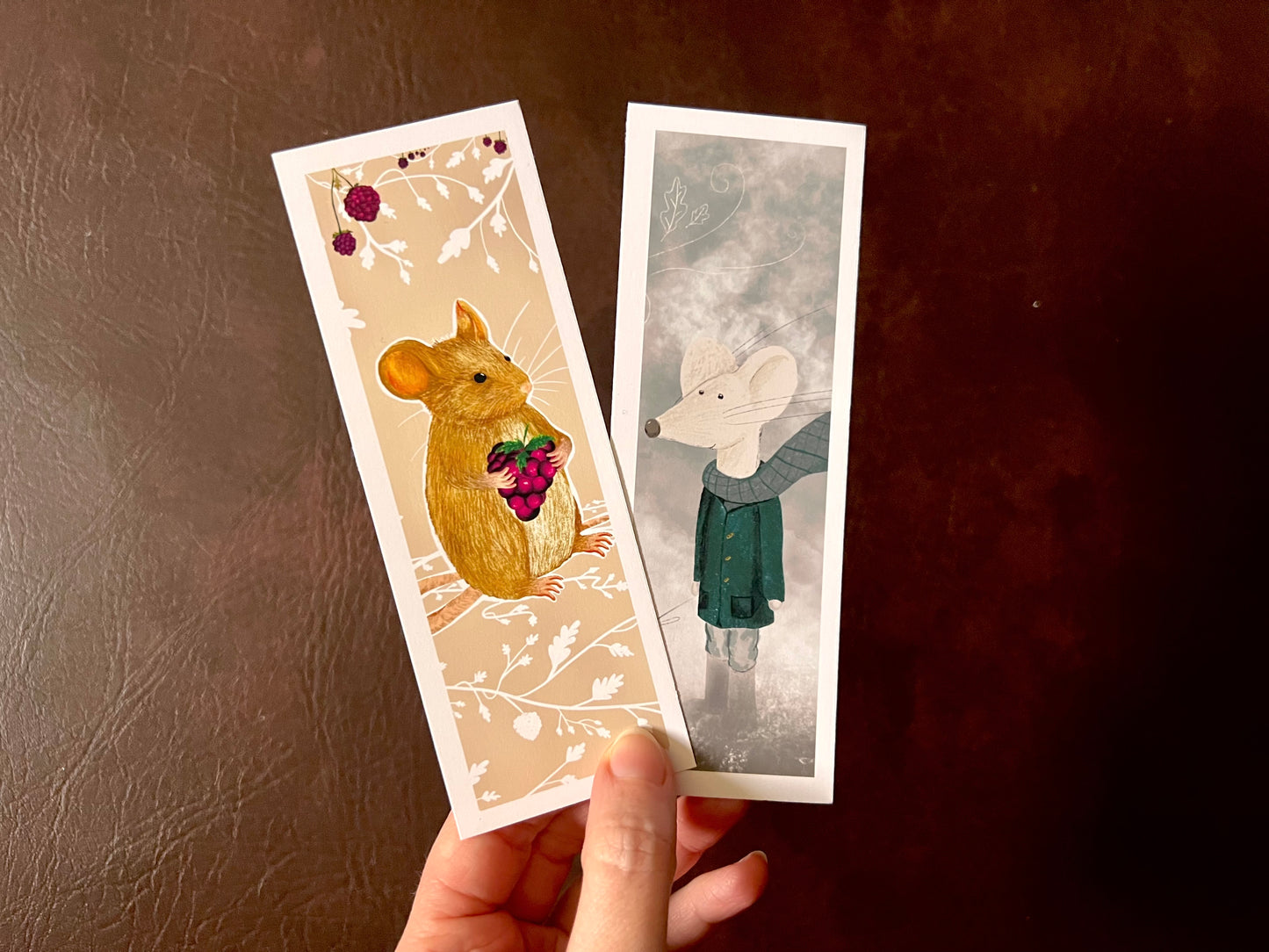 Winter Mouse & Blackberry Bookmark Set – Handmade Illustrated Bookmarks | Mouse Designs