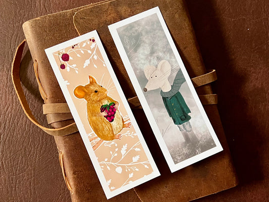 Winter Mouse & Blackberry Bookmark Set – Handmade Illustrated Bookmarks | Mouse Designs