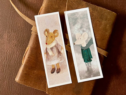 Mouse Bookmark Set – Handmade Illustrated & Art Print Bookmarks | Winter Mouse & Mouse in a Lilac Dress