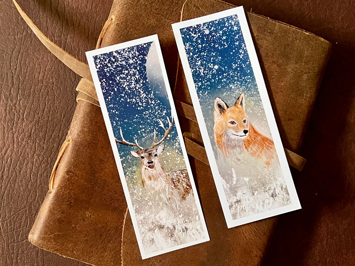 Fox & Deer Night Sky Bookmark Set – Handmade Illustrated Bookmarks Printed on Premium Matte Paper