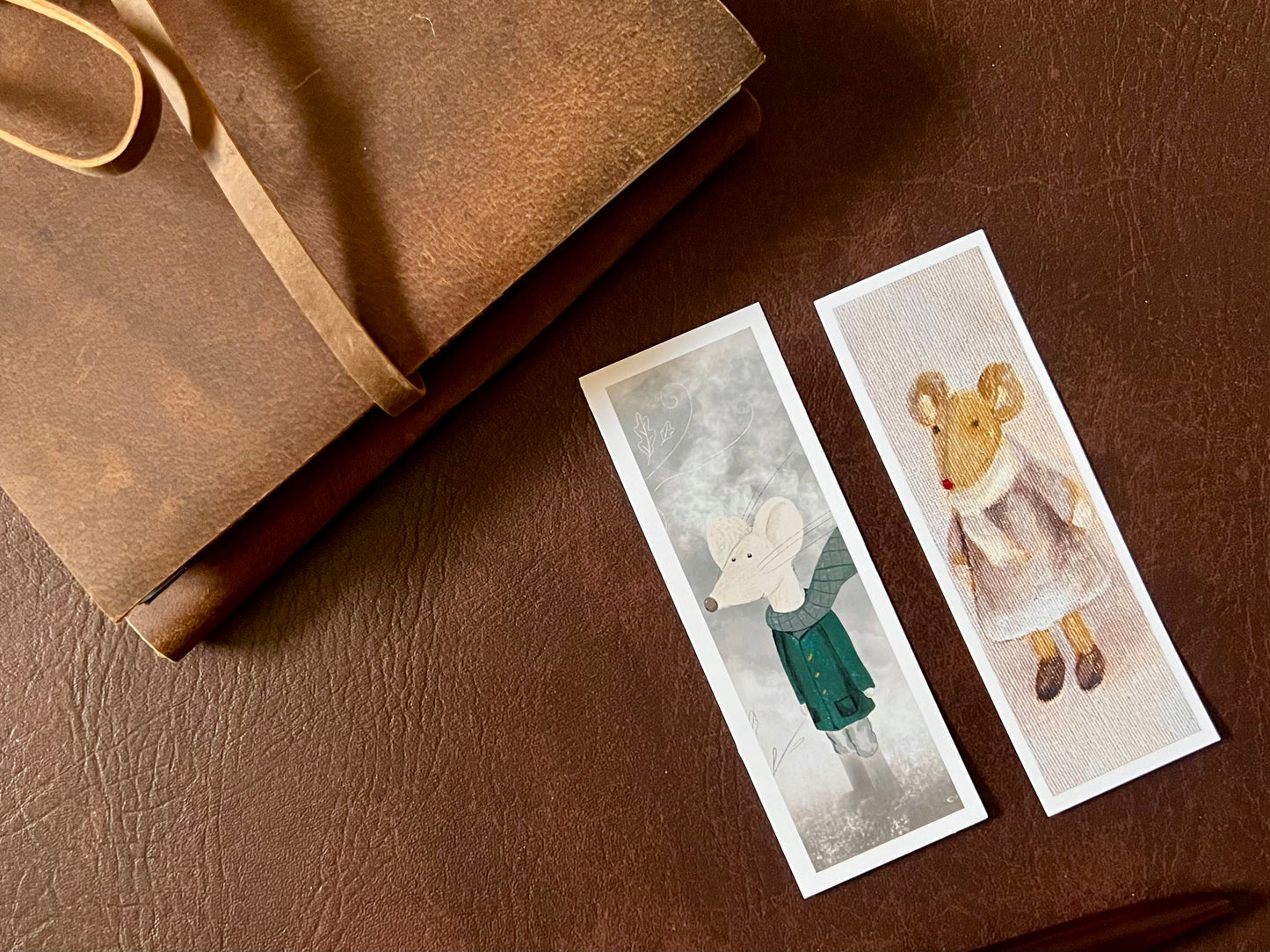 Mouse Bookmark Set – Handmade Illustrated & Art Print Bookmarks | Winter Mouse & Mouse in a Lilac Dress