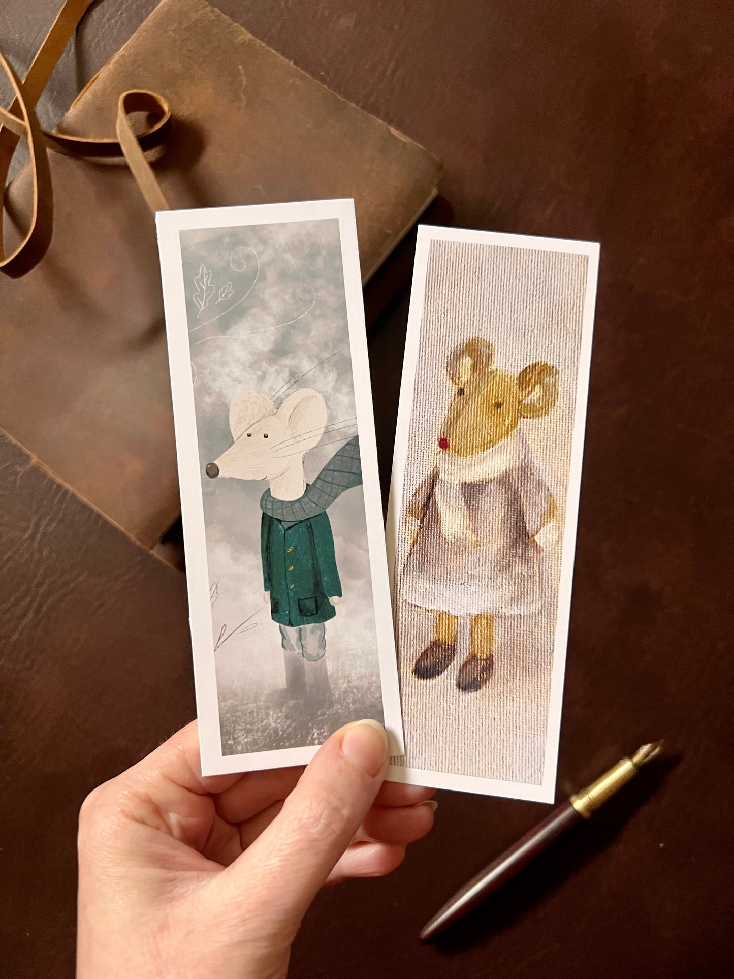 Mouse Bookmark Set – Handmade Illustrated & Art Print Bookmarks | Winter Mouse & Mouse in a Lilac Dress