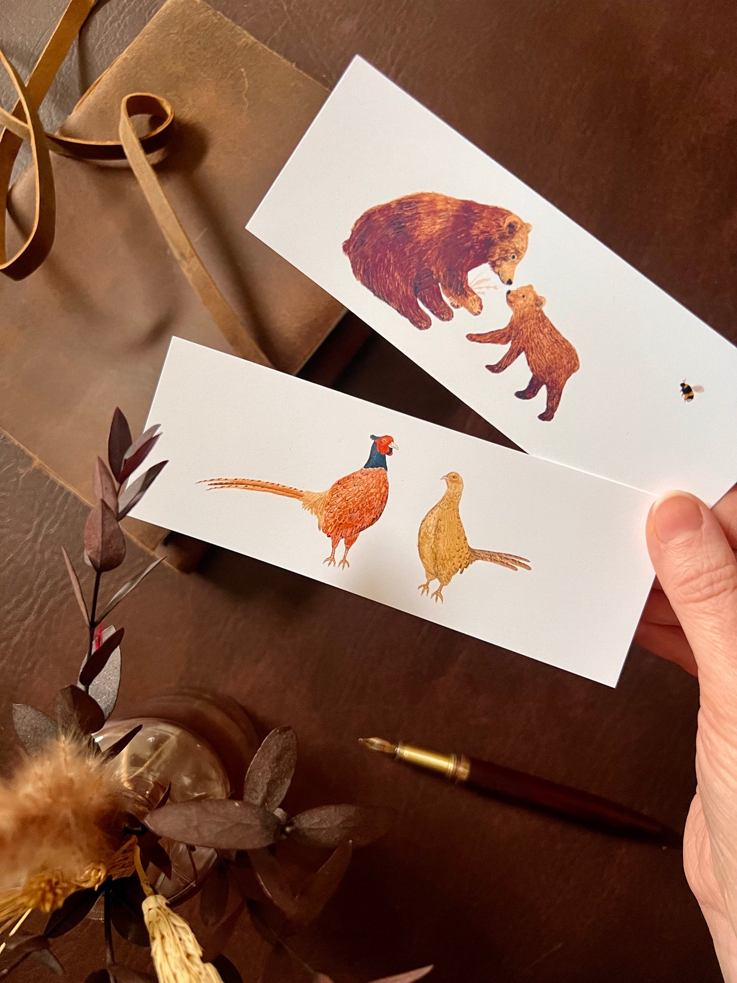 Woodland Animal Bookmark Set – Handmade Illustrated Bookmarks | Two Lovely Bears & Pheasants Designs
