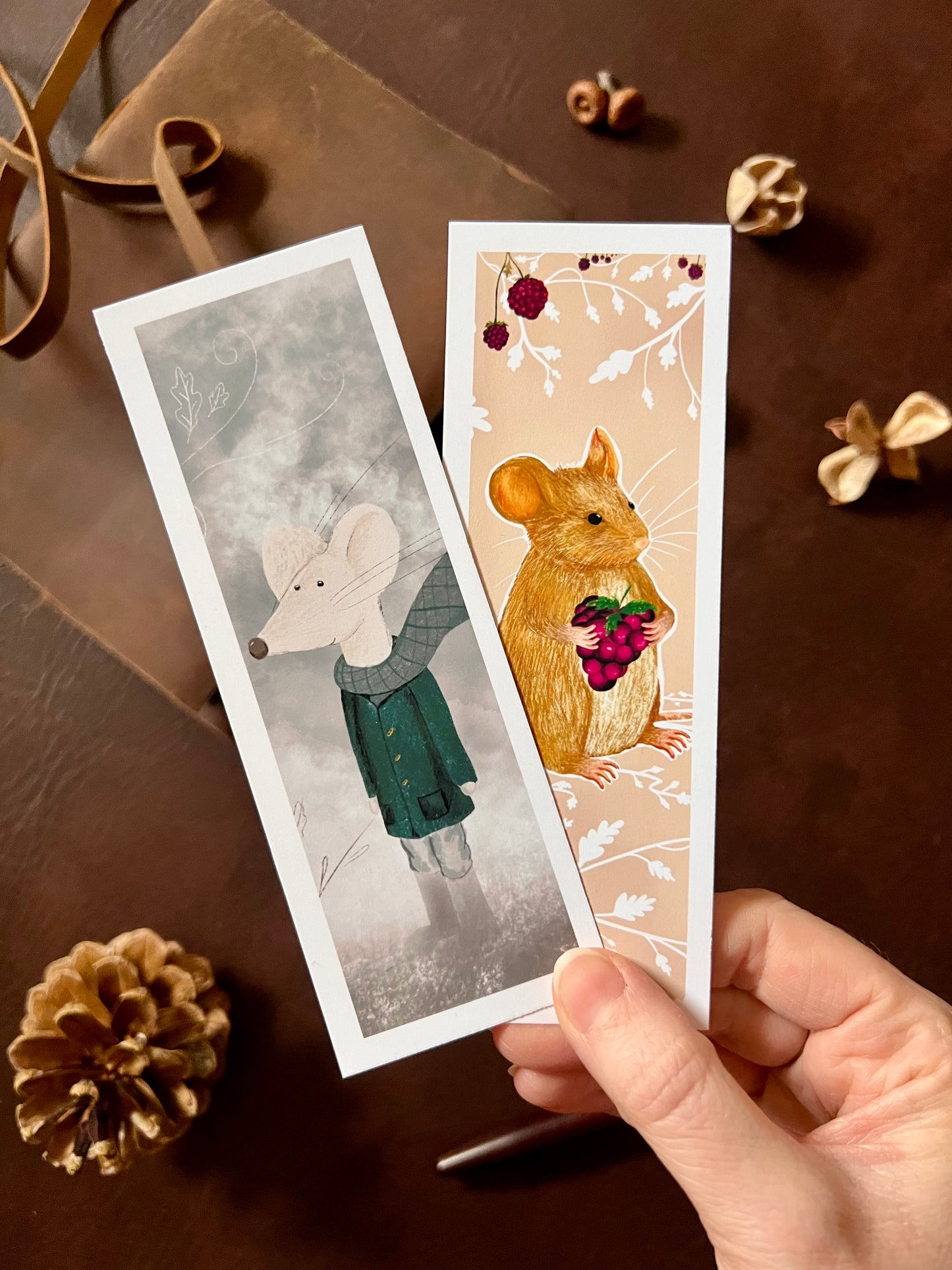 Winter Mouse & Blackberry Bookmark Set – Handmade Illustrated Bookmarks | Mouse Designs